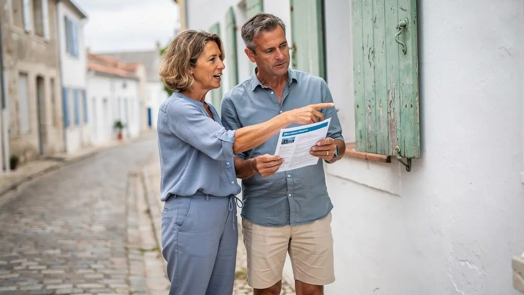 A couple compare a printed rental listing with a whitewashed cottage and its green shutters in an Île de Ré village street.