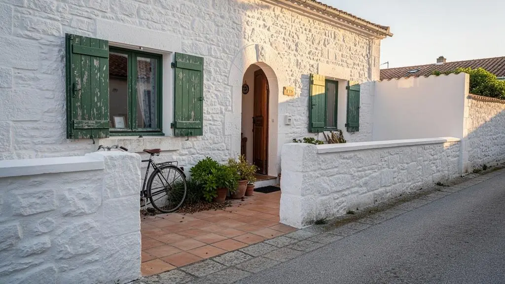 A traditional whitewashed fishermen's cottage with green shutters and a small walled courtyard in an Île de Ré village lane.