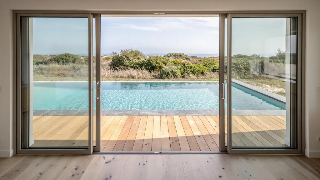 A bright modern villa interior with sliding glass doors opening onto a wooden terrace and a swimming pool on the Île de Ré.
