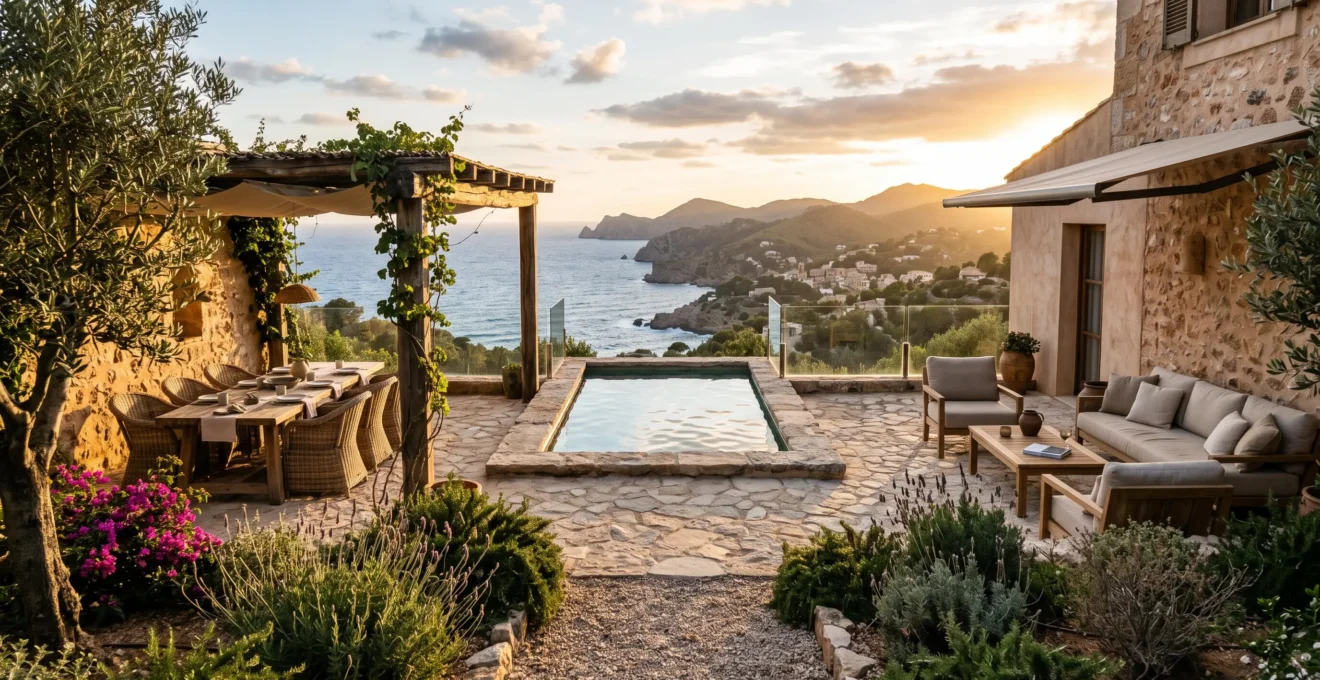 A hillside villa terrace with lounge seating and plunge pool overlooks the coast at sunset.