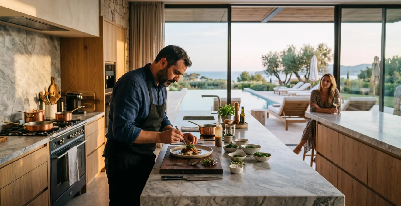 A private chef plates a dish in an open luxury villa kitchen with terrace views.