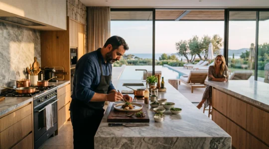 A private chef plates a dish in an open luxury villa kitchen with terrace views.