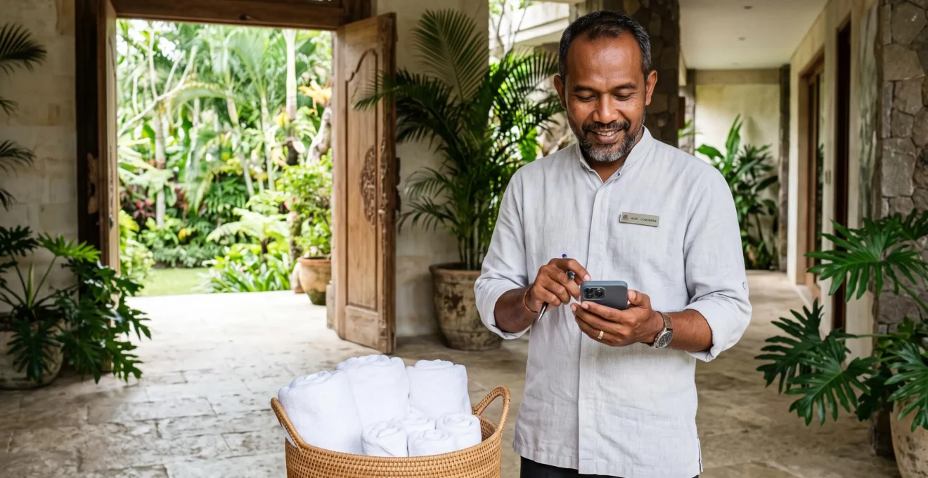 A villa concierge arranges a service by phone near fresh towels in an entrance hall.